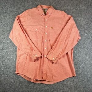 Vintage Carhartt Shirt Men's 2XL Pink Chambray Embroidered Rugged Outdoor 90s